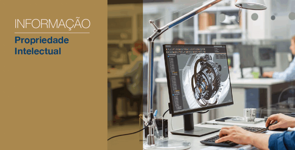 Imagem de uma tela com desenho de um motor indicando a propriedade intelectual.