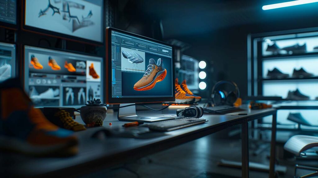 Um tênis flutuando sobre um teclado, na frente de um monitor com fundo escuro.