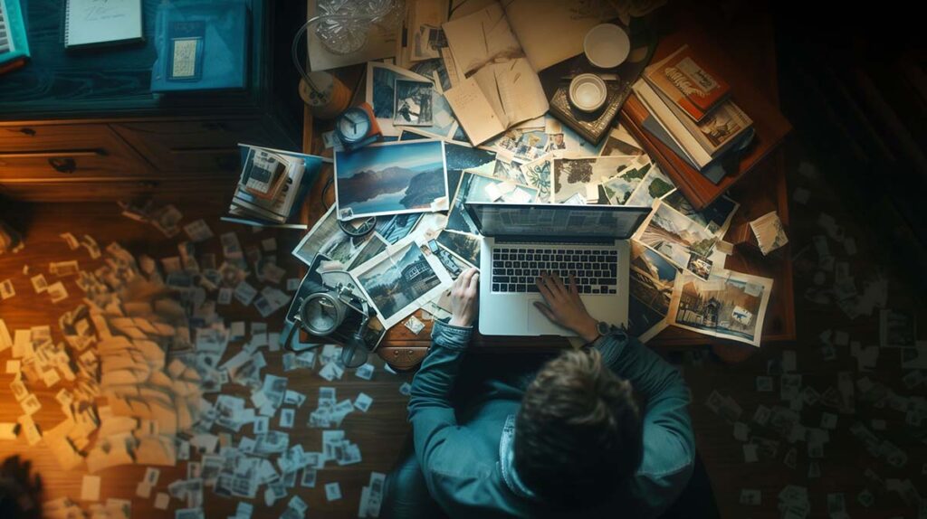 Una persona con un ordenador portátil sobre una mesa, rodeada de fotos y textos vistos desde arriba.