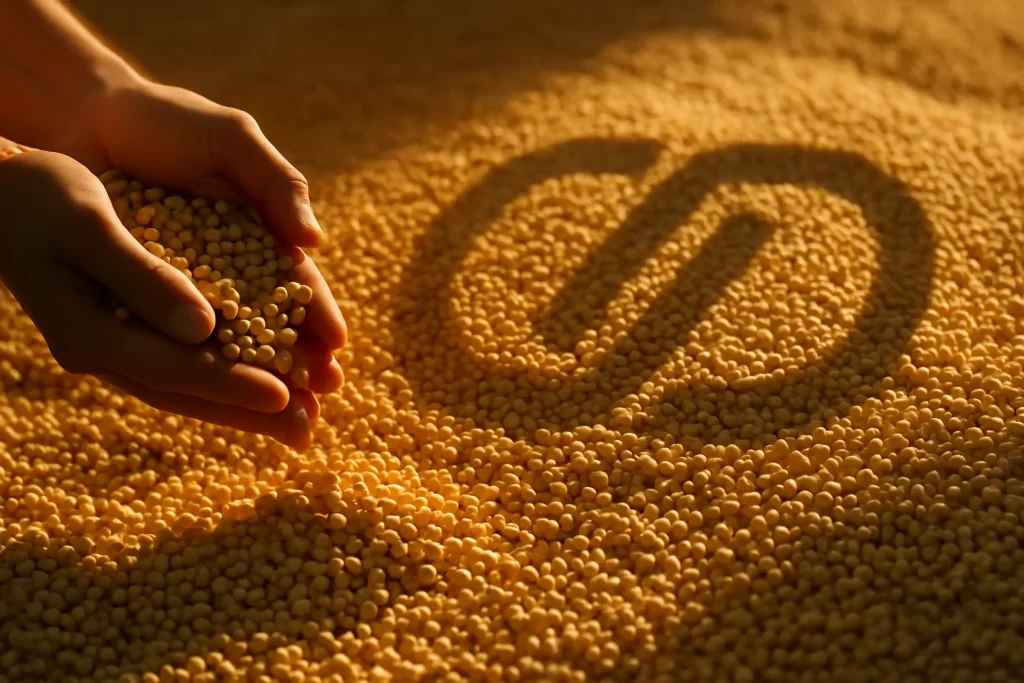 Mãos segurando grãos de soja sob a luz do entardecer, com a sombra do logotipo da CPDMA projetada sobre a superfície.
