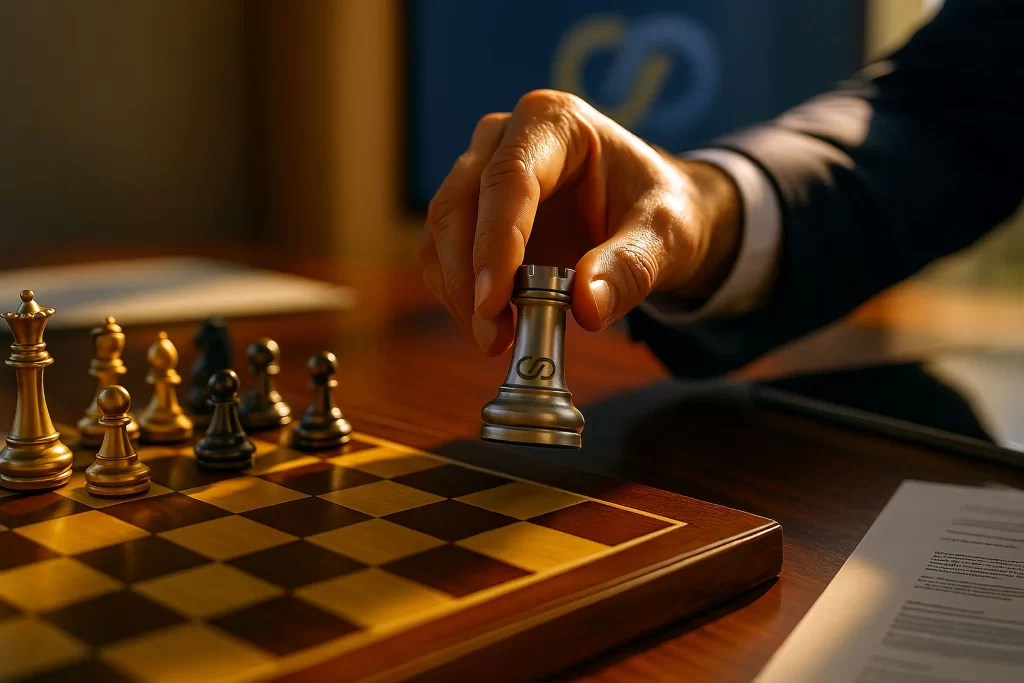 Mão de homem movendo uma torre de xadrez metálica entalhada com o logotipo da CPDMA, sobre um tabuleiro com casas claras e escuras, em ambiente corporativo com luz dourada.