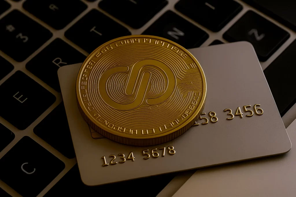 Moeda dourada com logotipo da CPDMA entalhado, posicionada sobre um cartão de crédito metálico, ambos apoiados sobre teclado de notebook.