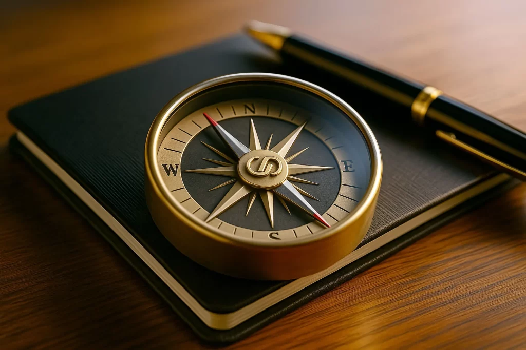 Bússola dourada com o logotipo da CPDMA no centro, posicionada sobre um caderno preto com caneta ao fundo, sobre mesa de madeira.