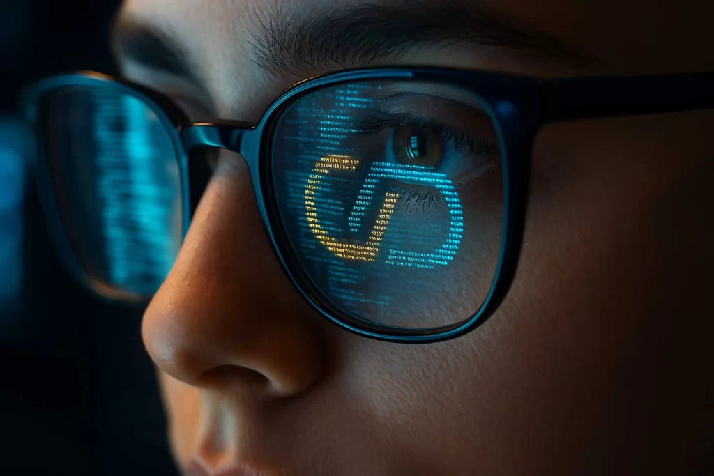 Reflexo de códigos binários e logotipo da CPDMA nos óculos de uma pessoa, representando análise de dados digitais.