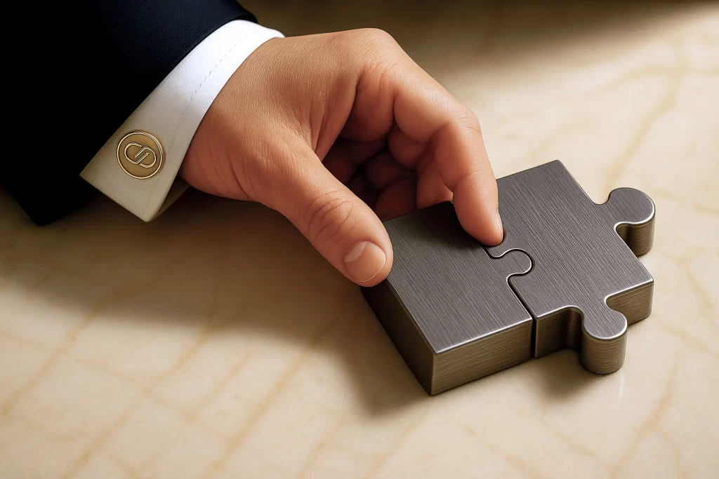Mão masculina com abotoadura dourada exibindo o logotipo da CPDMA posiciona uma peça metálica de quebra-cabeça sobre uma mesa.