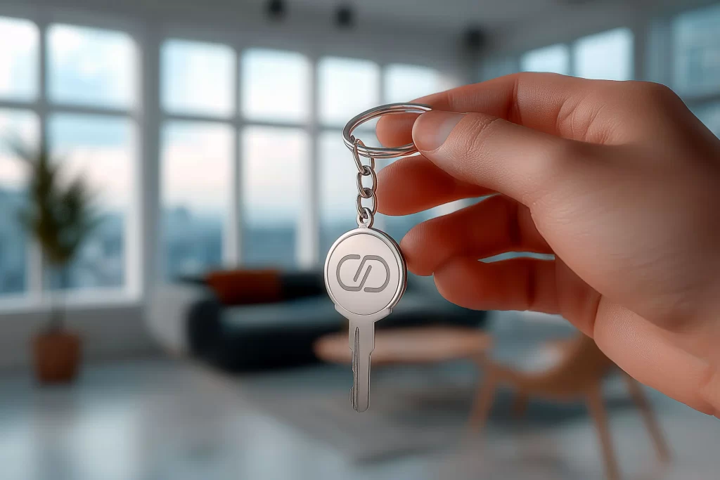 Mão segurando uma chave prateada com o logotipo da CPDMA, em frente a uma sala iluminada por janelas amplas.