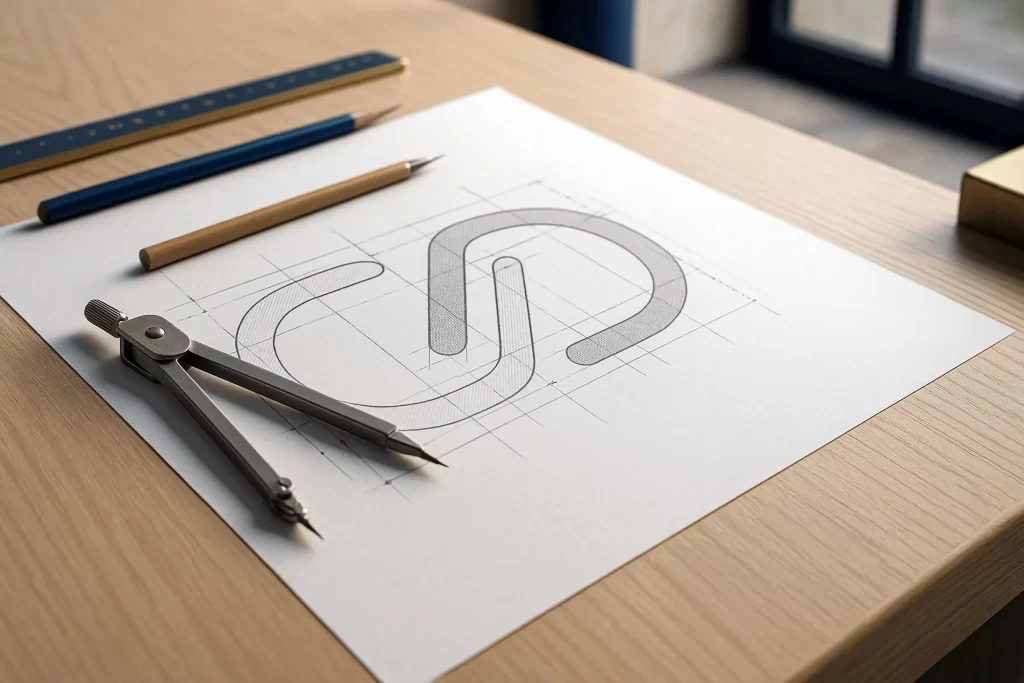 Esboço técnico do logotipo da CPDMA sobre papel com régua, compasso e lápis sobre mesa de madeira.