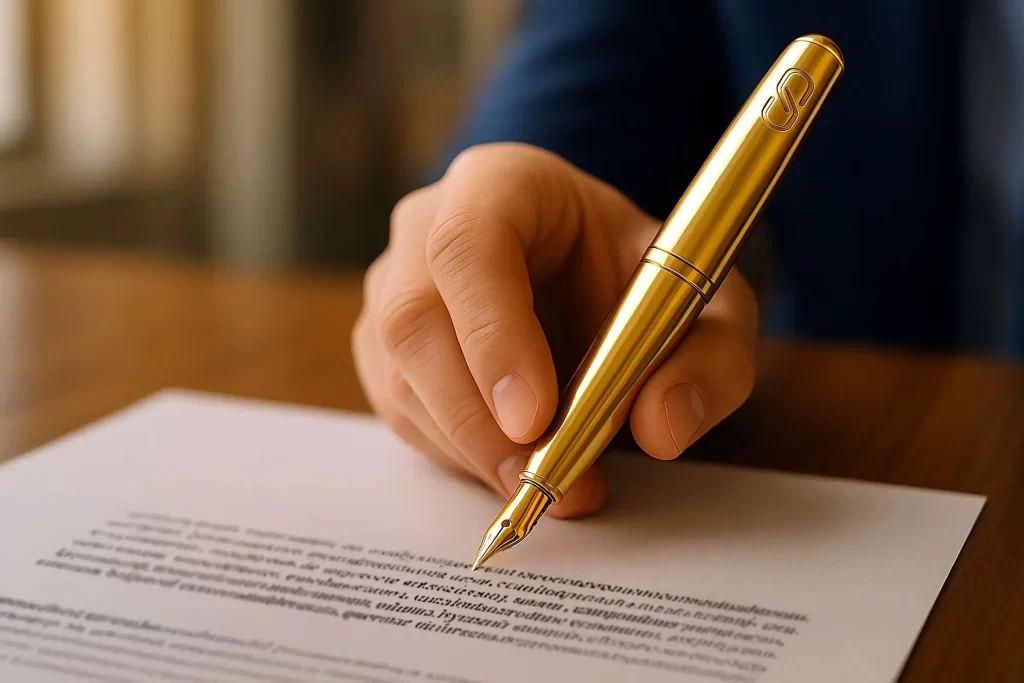 Mão segurando caneta dourada com o logotipo da CPDMA enquanto assina documento sobre mesa de madeira.