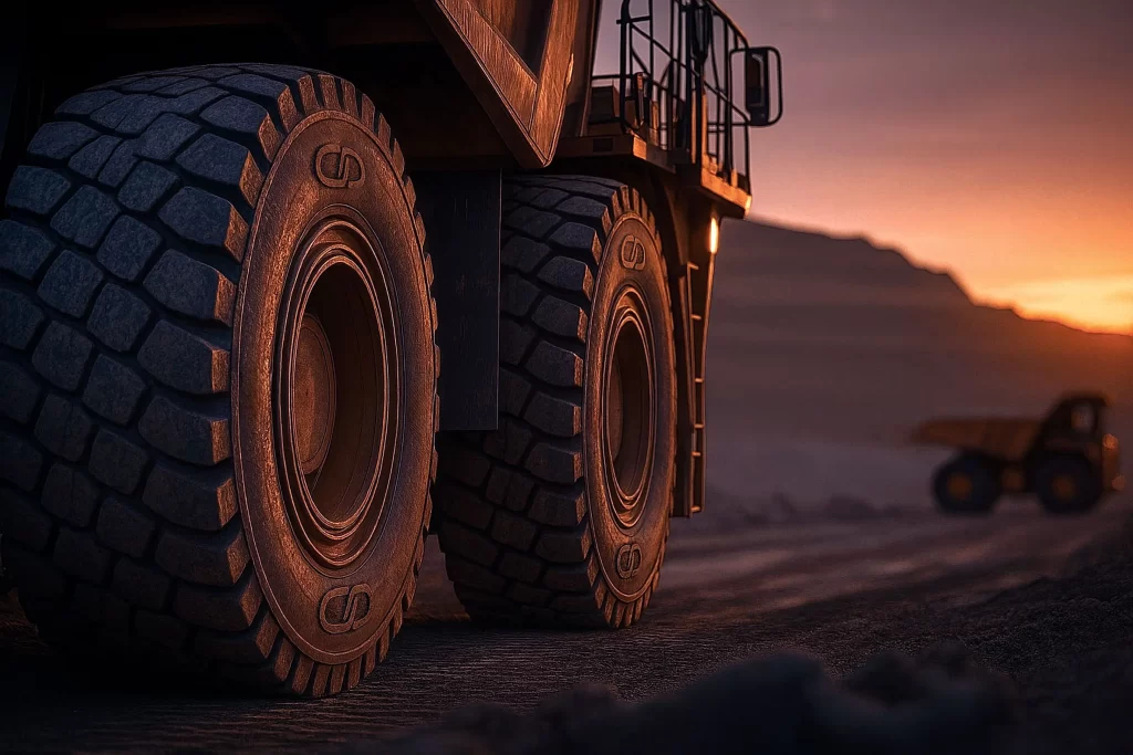 Caminhão fora de estrada com pneus robustos exibindo o logotipo da CPDMA, em uma mina ao pôr do sol.