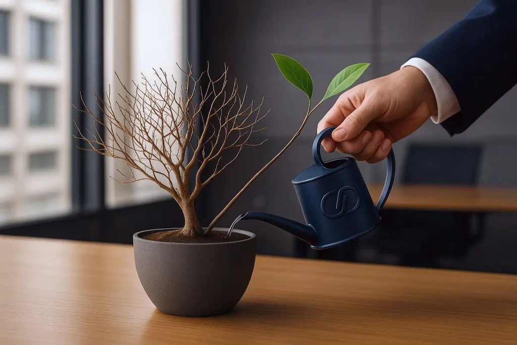 Pessoa regando planta em vaso com galhos secos e um único ramo verde, usando regador azul com logotipo da CPDMA.
