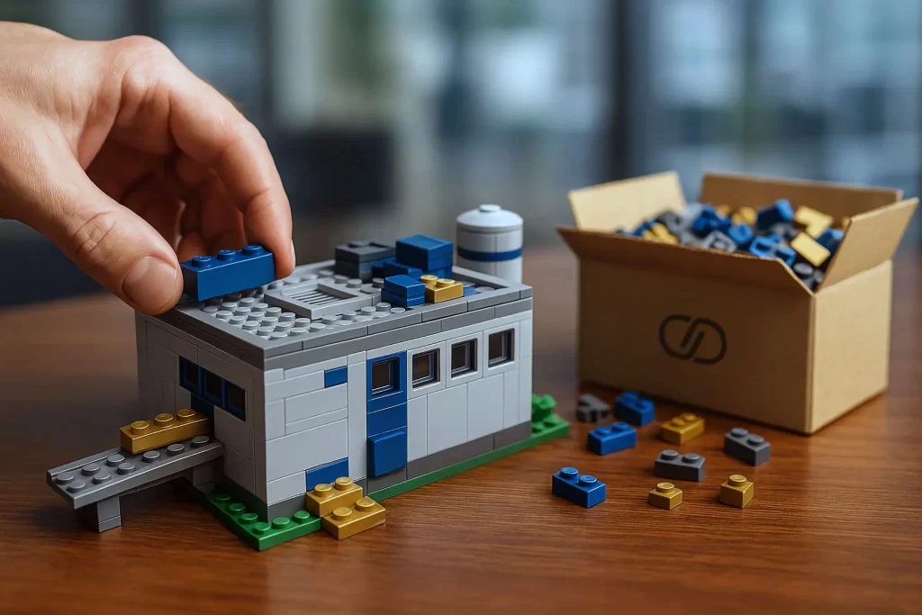 Mão encaixando peça azul em construção de blocos no formato de edifício, com caixa ao fundo contendo peças e logotipo da CPDMA.