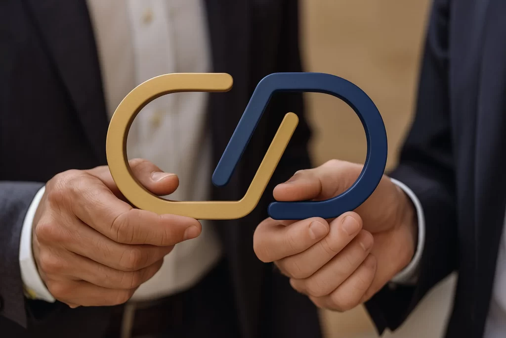 Duas pessoas segurando peças metálicas nas cores dourado e azul que formam o logotipo da CPDMA.