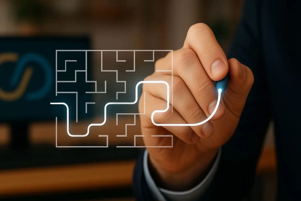 Mão segurando caneta digital que traça linha luminosa através de um labirinto, com logotipo da CPDMA desfocado ao fundo.