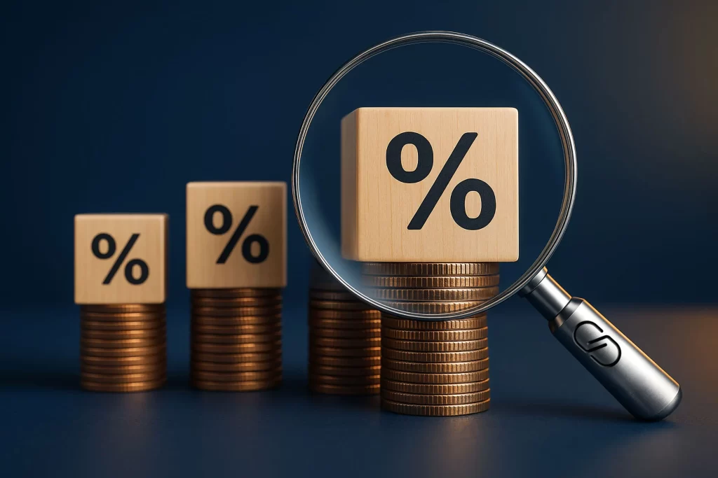 Lupa com cabo metálico exibindo logotipo da CPDMA destaca cubo com símbolo de porcentagem sobre pilha de moedas.