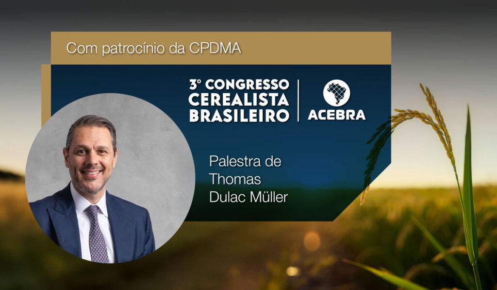 Banner do 3º Congresso Cerealista Brasileiro, com destaque para a palestra de Thomas Dulac Müller sobre recuperação judicial no agronegócio.