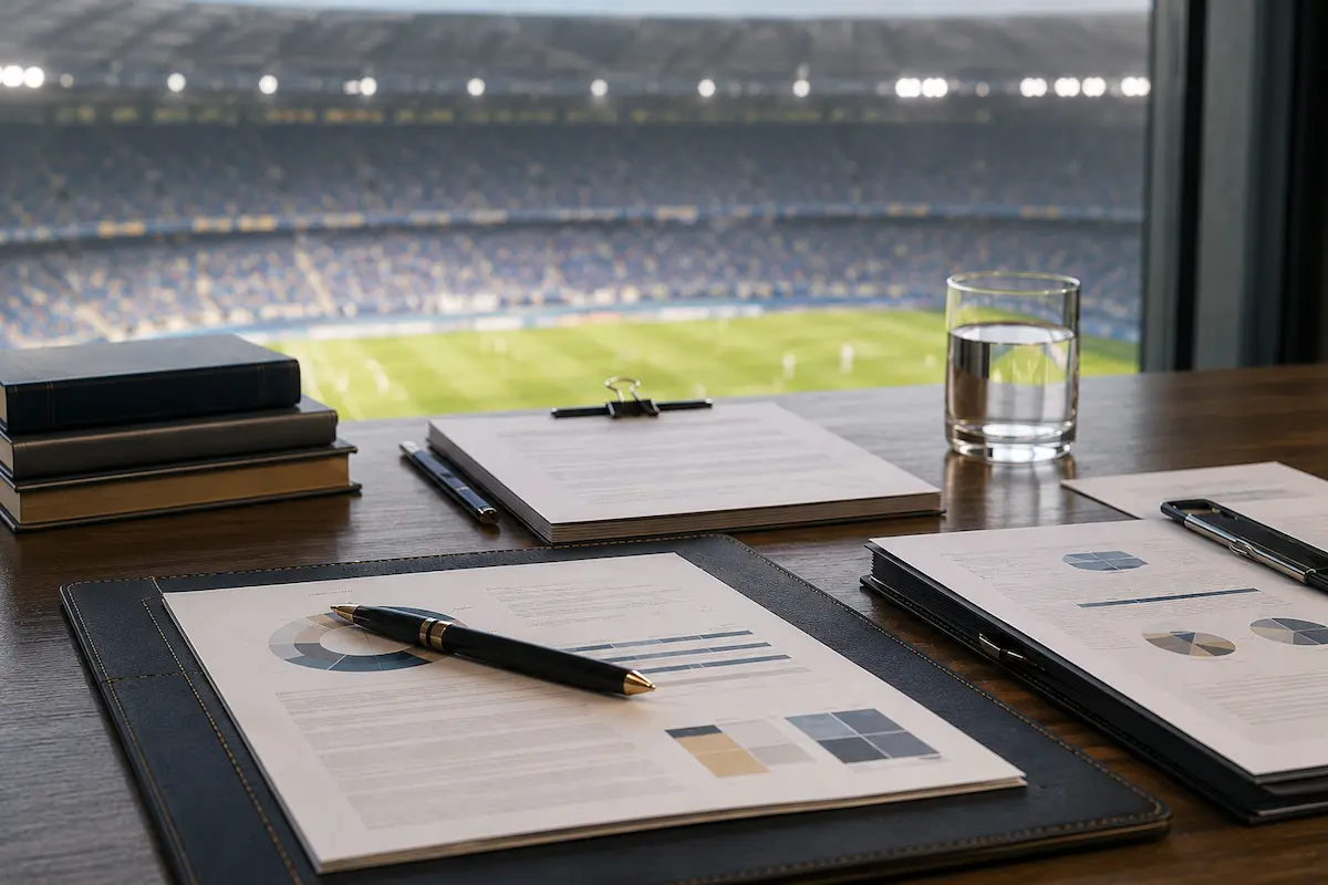 Copa do Mundo: documentos sobre propriedade intelectual com estádio de futebol ao fundo